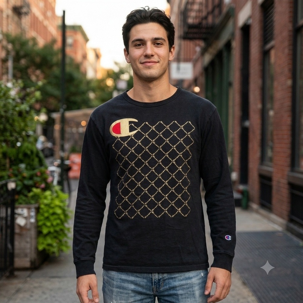 Champion Heritage Chain Link Tshirt Mens M Black Gold Slim Long Sleeve Crew Logo